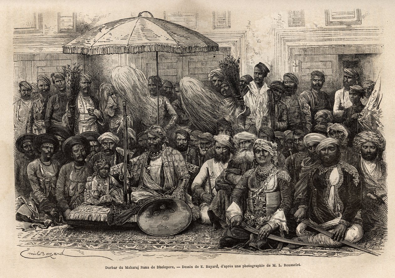 Durbar (consejo feudal y legal de un estado principesco) del Maharajá Rana, del reino de Dholepore (Rajasthan). Grabado para ilustrar la India de los Rajahs, por Louis Rousselet, en 1864-1868, publicado en “Le tour du monde” 1872, editado por Edouard Char de Unknown artist