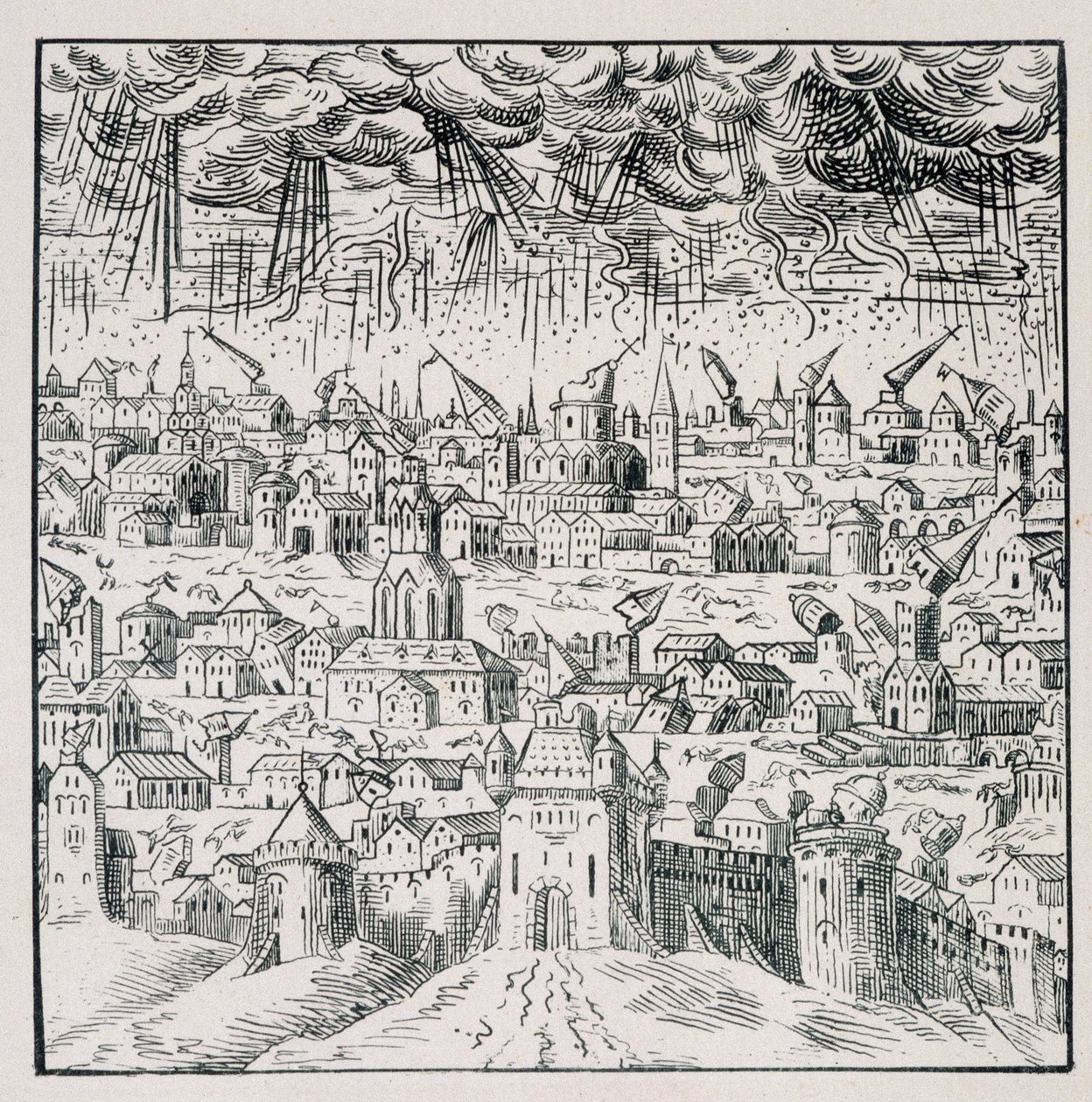 Terremoto en Baden - en “Colección de 39 figuras que representan las calamidades de Francia de 1562 a 1586”; imprenta de Louis Perrin de Unknown artist
