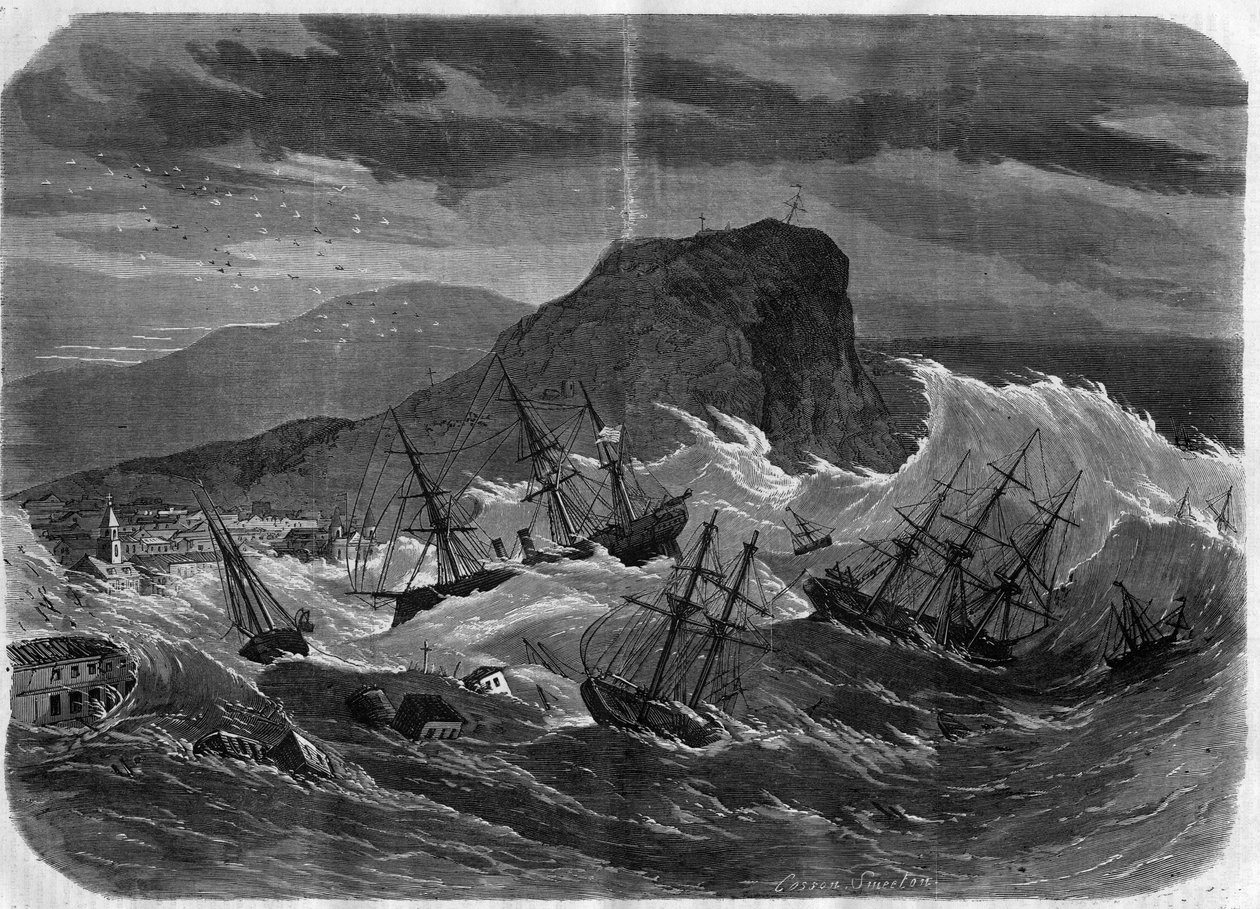 Terremoto de Perú: tsunami que sumerge la ciudad de Arica en septiembre de 1869 - Grabado en "Le Journal Illustré" de Unknown artist
