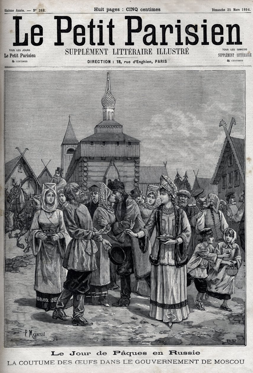 Día de Pascua en Rusia: la costumbre de los huevos en el gobierno de Moscú. Abrazos de los habitantes ofreciendo huevos rojos para celebrar la resurrección de Cristo. Grabado en "Le Parisien" de Unknown artist