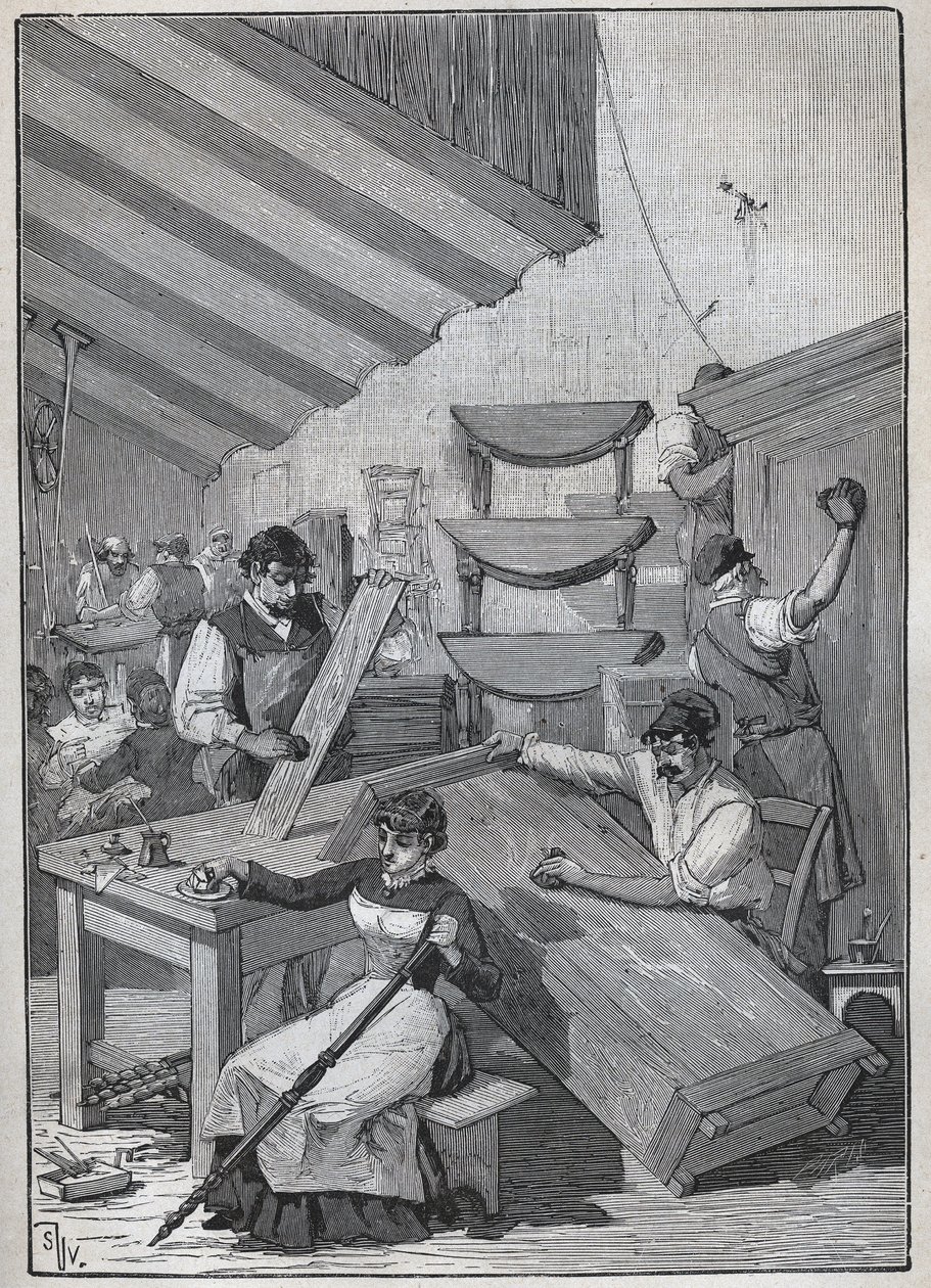Ebanistería: taller de barnizado con sello. Grabado de 1885 en “Les arts et metiers illustres” de Adolphe Bitard. de Unknown artist