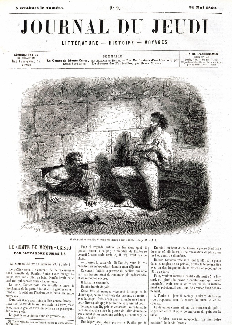 Edmond Dantès, el Conde de Montecristo (Montecristo) se encuentra con el Abate Faria gracias al túnel hueco en la prisión - en “Le Journal du Jeudi” del 31/05/1860 de Unknown artist