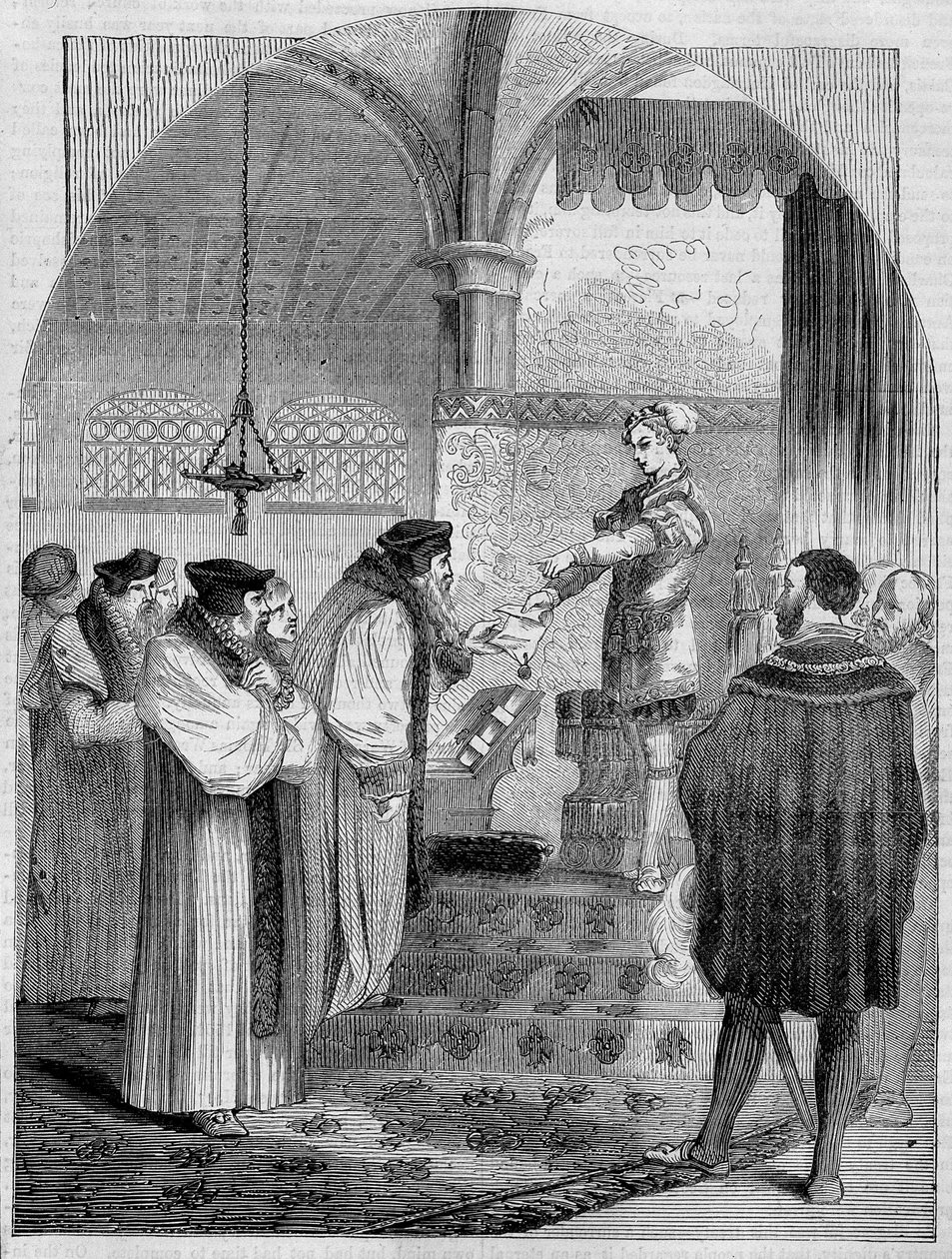 Eduardo VI (1547-1553), Rey de Inglaterra, presentando el certificado de Juana Bocher al Arzobispo Cranmer de Unknown artist