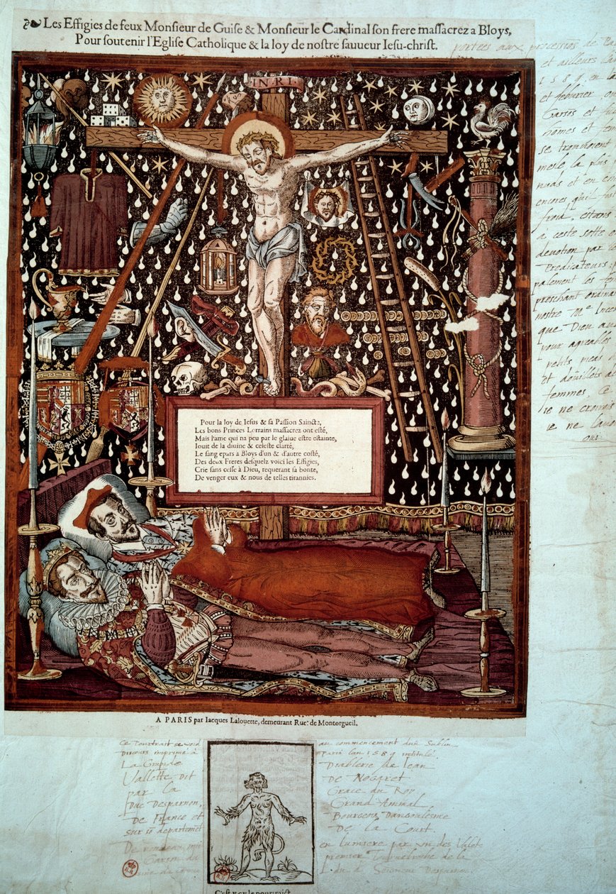 Efigies de Enrique I de Lorena, 3er Duque de Guisa (1550-1588) y de su hermano Luis II de Guisa, cardenal de Lorena (1555-1588) asesinados en Blois el 23 y 24 de diciembre de 1588 por orden de Enrique III. Grabado del siglo XVI. París, B.N. de Unknown artist