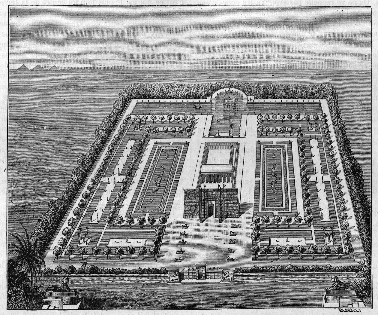 Jardín egipcio en la época de los faraones. Grabado en "La Nature: revue des sciences et de leurs applications aux arts et a l