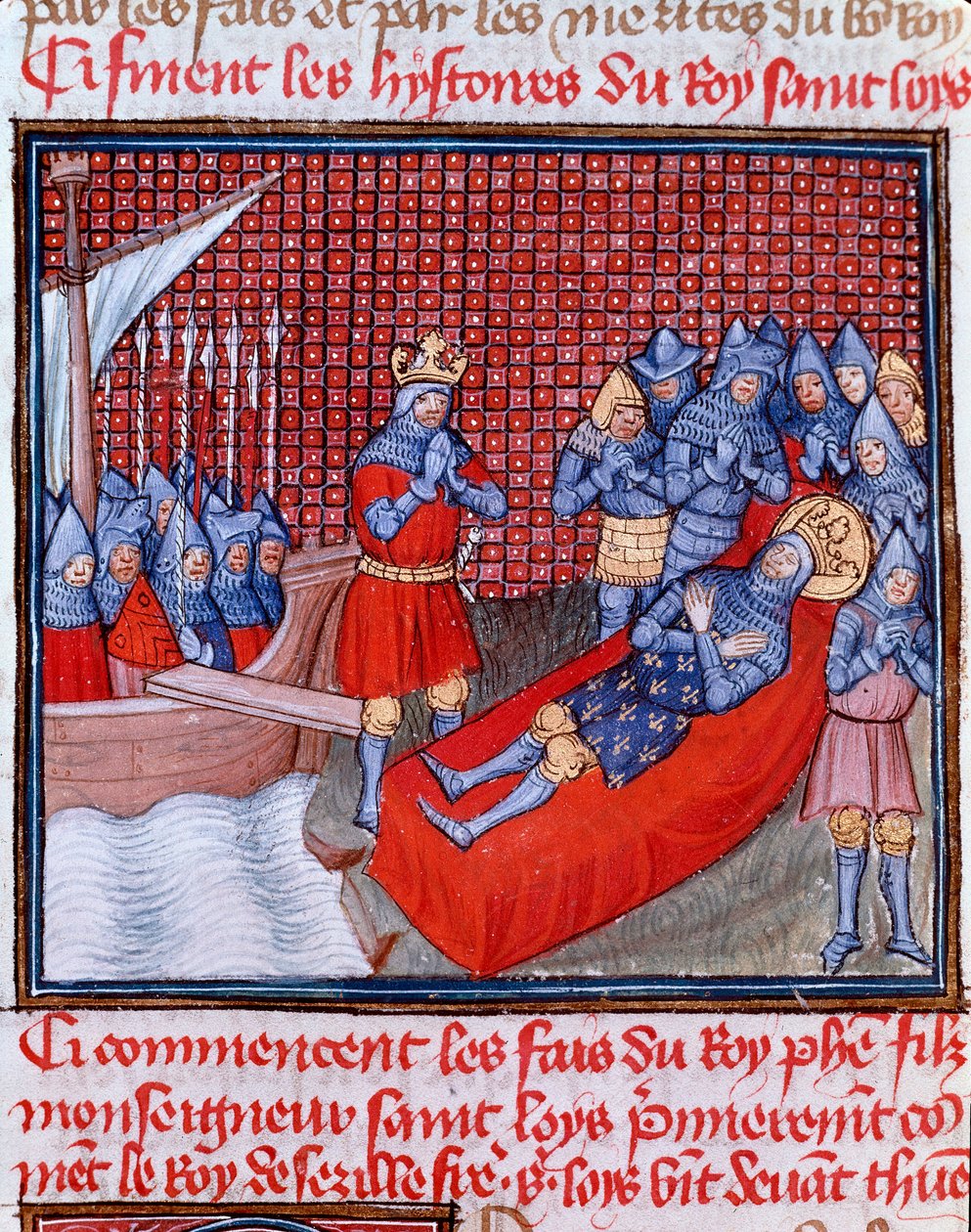 Octava Cruzada: La muerte de San Luis en Túnez el 25 de agosto de 1270. Miniatura tomada de 