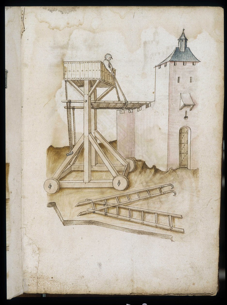 Sistema de elevación y escalas - Manuscrito: hoja de pergamino de un manual de ingeniero para la construcción de edificios civiles, religiosos y militares, anónimo, finales del siglo XV (figura en tinta china) de Unknown artist