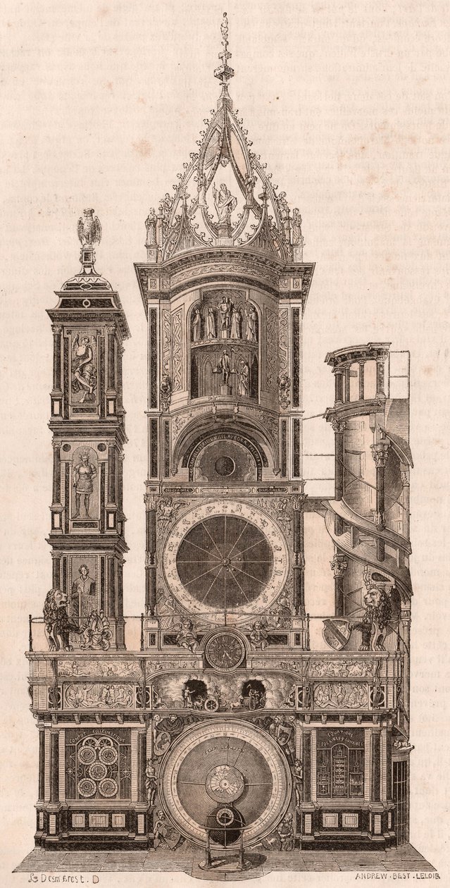 Vista en elevación del reloj astronómico ubicado en la Catedral de Nuestra Señora de Estrasburgo, Francia de Unknown