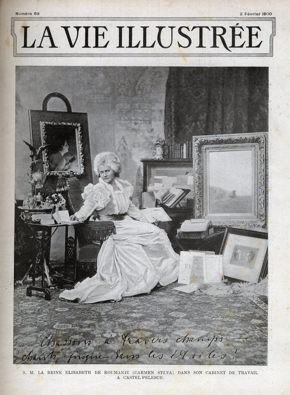 Elisabeth de Wied Reina consorte de Rumania 1843-1916 - Elisabeth de Wied - Elisabeth Pauline Ottilie Louise de Wied (conocida como la pluma de Carmen Sylva), en su oficina en el Castillo Pelesch - portada de la vida ilustrada de 1900 de Unknown artist