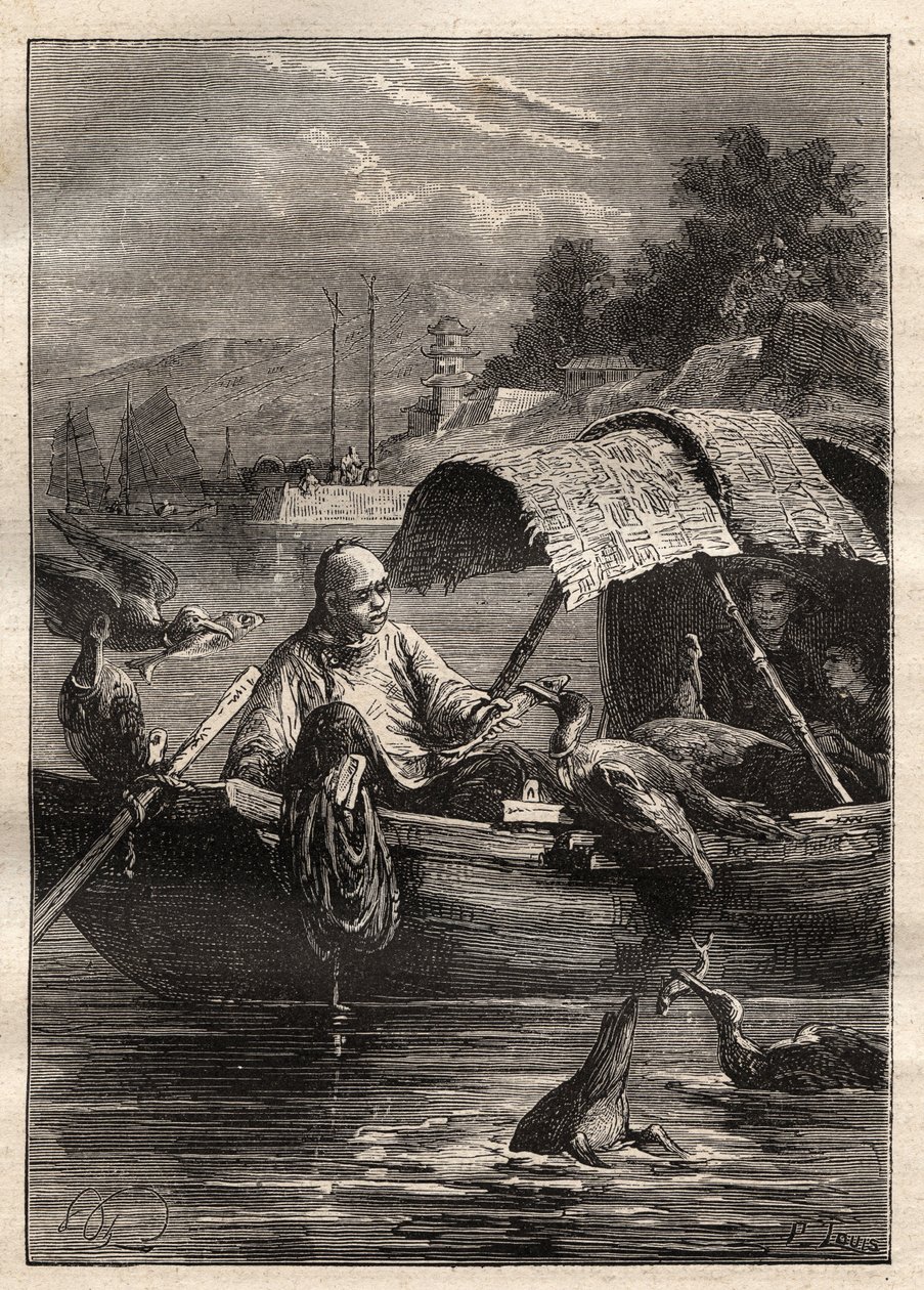 Embajada de Lord George McCartney (1737-1806) en China (1792-1793): El pájaro Leut-ze, utilizado para la pesca (pesca con cormorán) - ilustración de “Los Grandes Navegantes del siglo XVIII” de Unknown artist