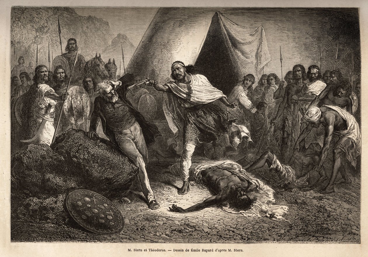 Emperador (o negus) Theodoros II (Tewodros) (nacido alrededor de 1818-1868, llamado Kassa Hailu antes de su coronación en el Imperio Etíope), amenazó con su arma al Sr. Stern, un misionero inglés que redactó una biografía del negus, por la cual Theodoros s de Unknown artist