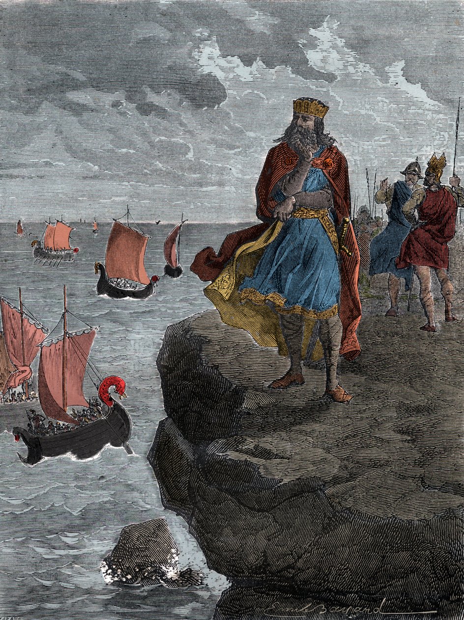 Emperador Carlomagno (Carlo Magno) observando la llegada de los barcos normandos - El Rey Carlomagno (742/747-814), Rey de los Francos, observa los barcos llenos de invasores nórdicos de Unknown artist