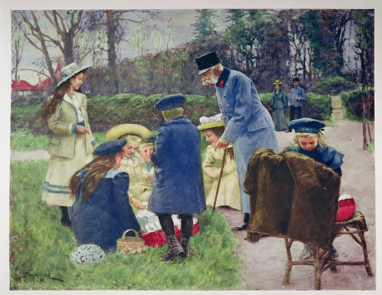 El emperador Francisco José observa a su nieta en el parque de su villa en Ischl, Alta Austria. de Unknown artist