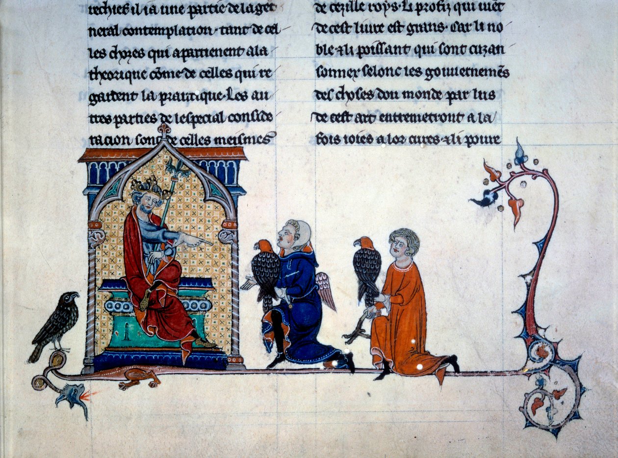 Emperador Federico II (1194-1250) recibiendo cetreros miniatura de "De arte venandi Cum avibus" de Unknown artist