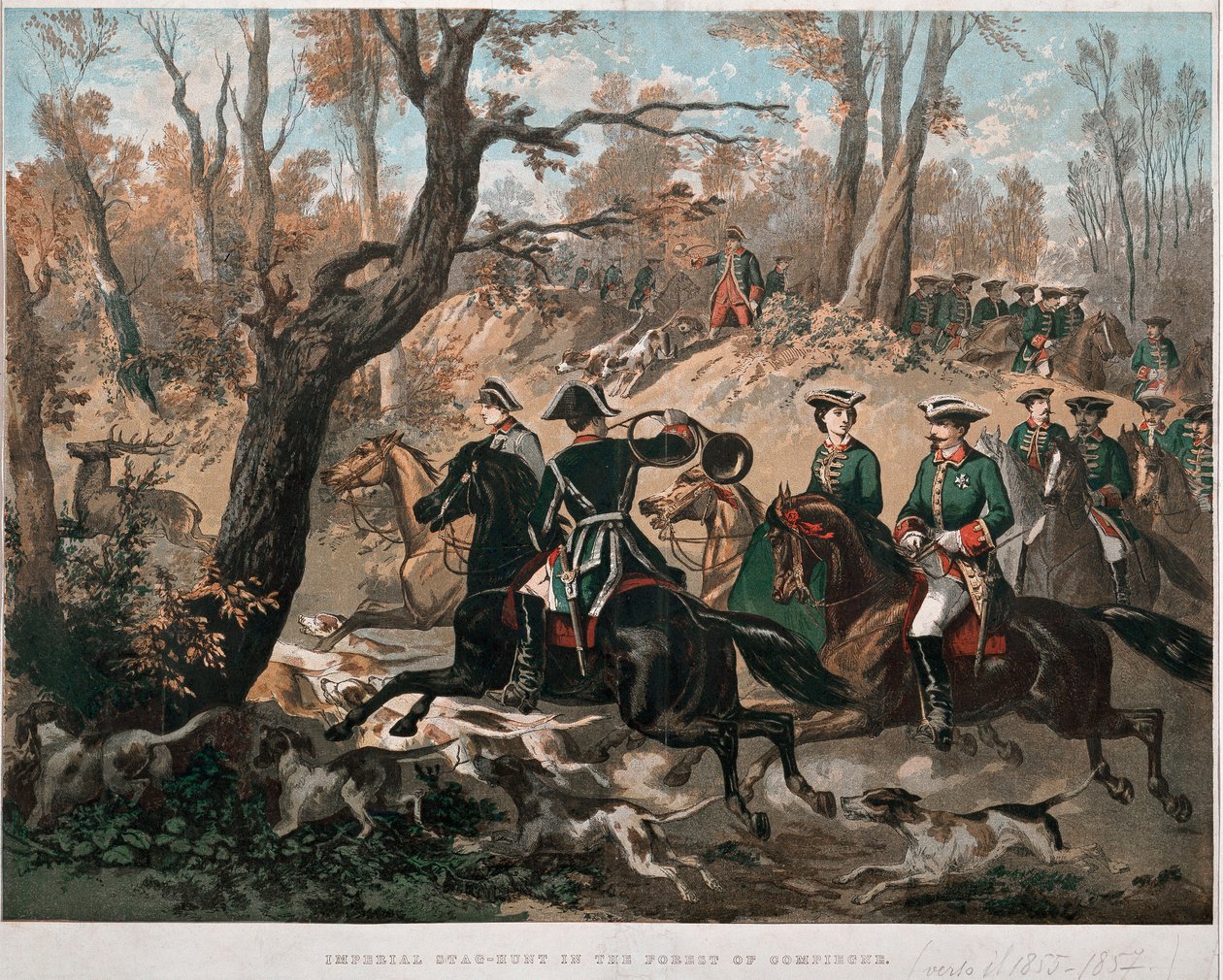 Emperador Napoleón III (1808-1873) y su esposa Eugenia de Montijo (1826-1920) caminando por el bosque de Compiègne. Litografía en color alrededor de 1855. Milán, Museo del Risorgimento de Unknown artist
