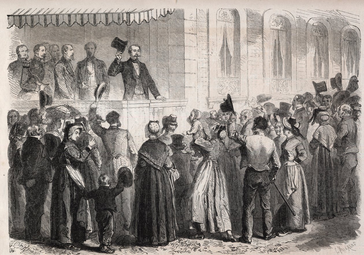 Emperador Napoleón III (1808-1873) en la terraza de la villa de Strauss en Vichy, saludado por la gente del campo el domingo 7 de julio de 1861 - Grabado en “El Mundo Ilustre” de Unknown artist