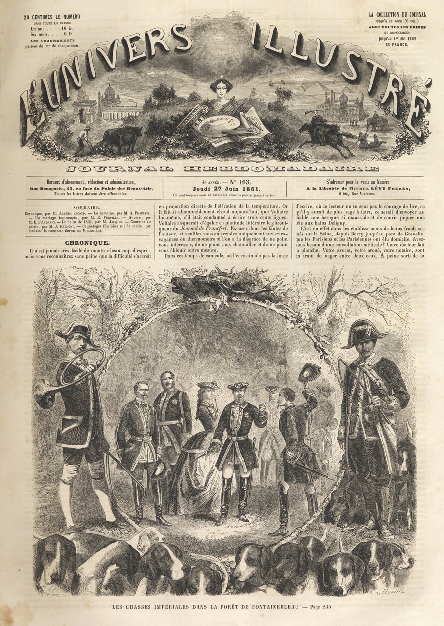 El emperador Napoleón III cazando en Fontainebleau - 1861 - Caza imperial en Fontainebleau en presencia de Napoleón III (1808-1873) y la emperatriz Eugenia (1826-1920). El Universo Ilustre de 1861 de Unknown artist