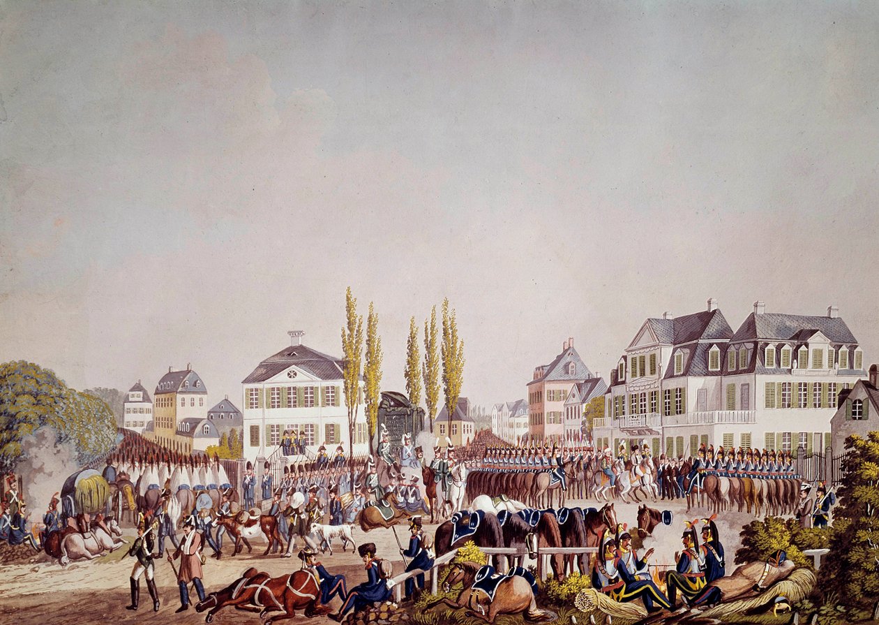 El emperador Napoleón I (1769-1821) revisa las tropas en Frankfurt. Grabado de 1813. Frankfurt, Museo Histórico de Unknown artist