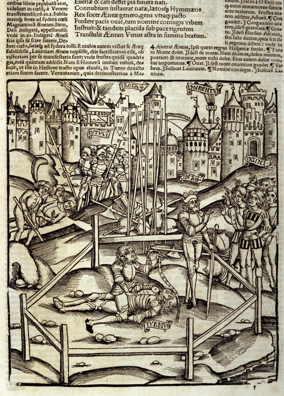 Eneida de Virgilio (70 a.C.-19 a.C.), Libro XII, el héroe troyano Eneas mata a Turno en una batalla bajo la mirada de los latinos y rútulos. Xilografía de Sebastian Brant (1458-1521). Estrasburgo. de Unknown artist