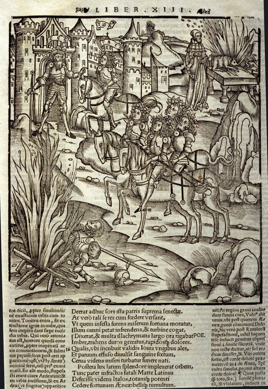 Eneida de Virgilio (70 a.C.-19 a.C.), libro XIII (suplemento), los héroes troyanos Eneas reciben a los latinos, se hacen sacrificios en honor a las víctimas de la guerra. Xilografía de Sebastian Brant (1458-1521). Estrasburgo de Unknown artist