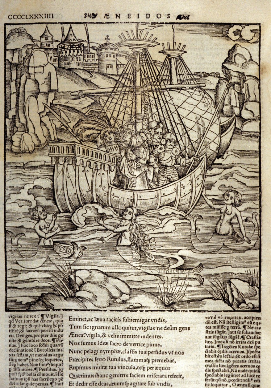 Eneida de Virgilio, los héroes troyanos Eneas y sus compañeros cruzan un mar lleno de sirenas de Unknown artist