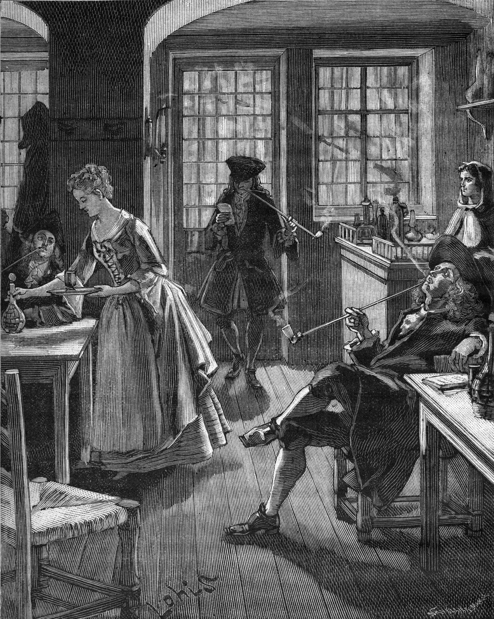 Inglaterra, finales del siglo XVII: hombres fumando en un café. Grabado del siglo XIX. En “Histoire de France” por Jules Michelet de Unknown artist