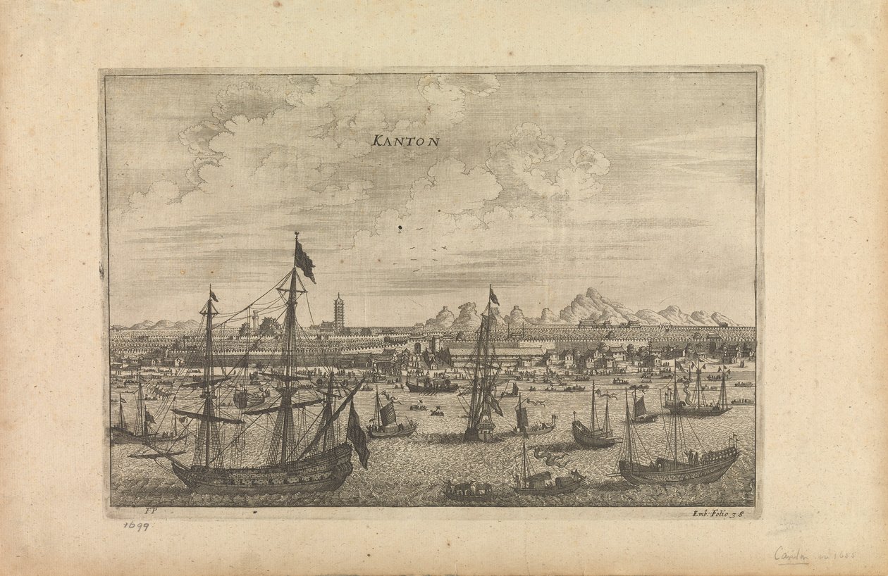 Grabado titulado "Kanton 1655" que es la impresión del artista de Cantón desde un barco en 1655. de Unknown artist
