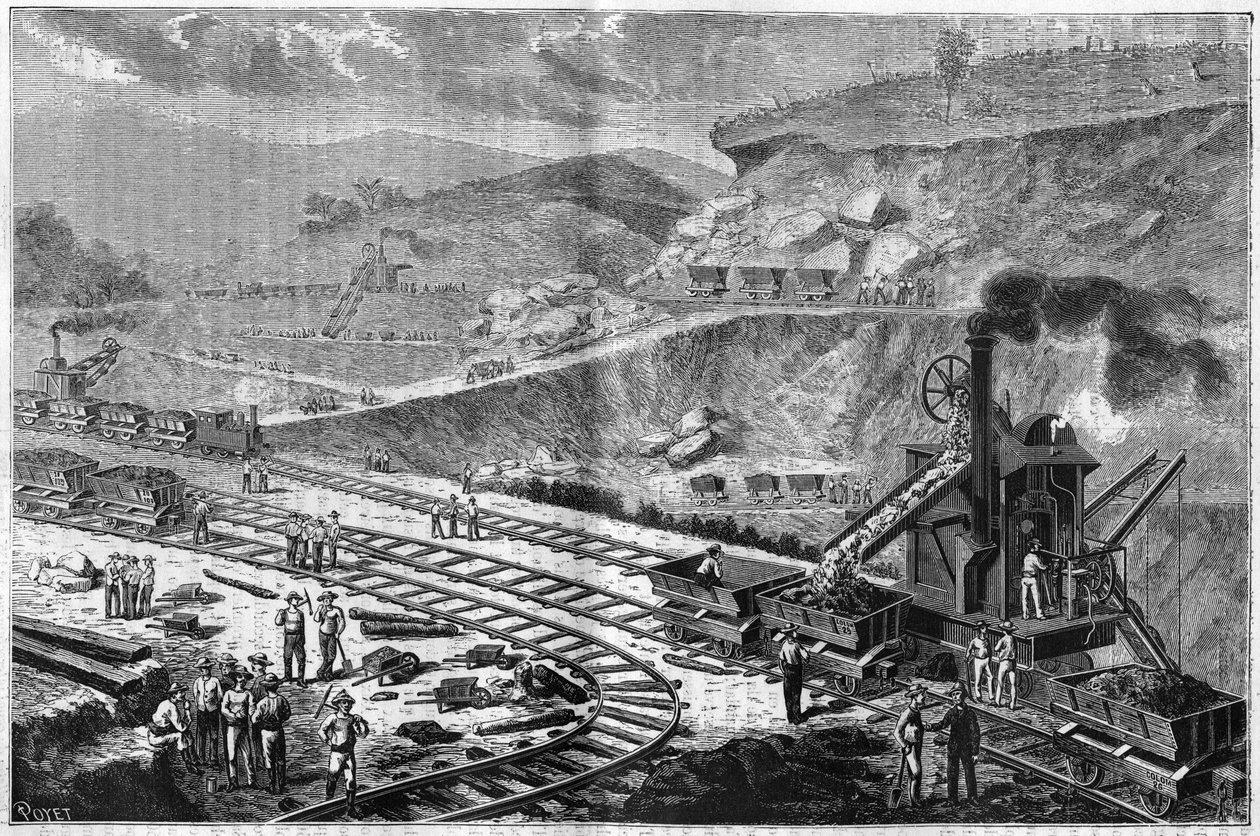 Grabado de 1885 que muestra el trabajo de perforación del Istmo de Panamá. Vista de uno de los ataques en el astillero de Emperador de Unknown artist