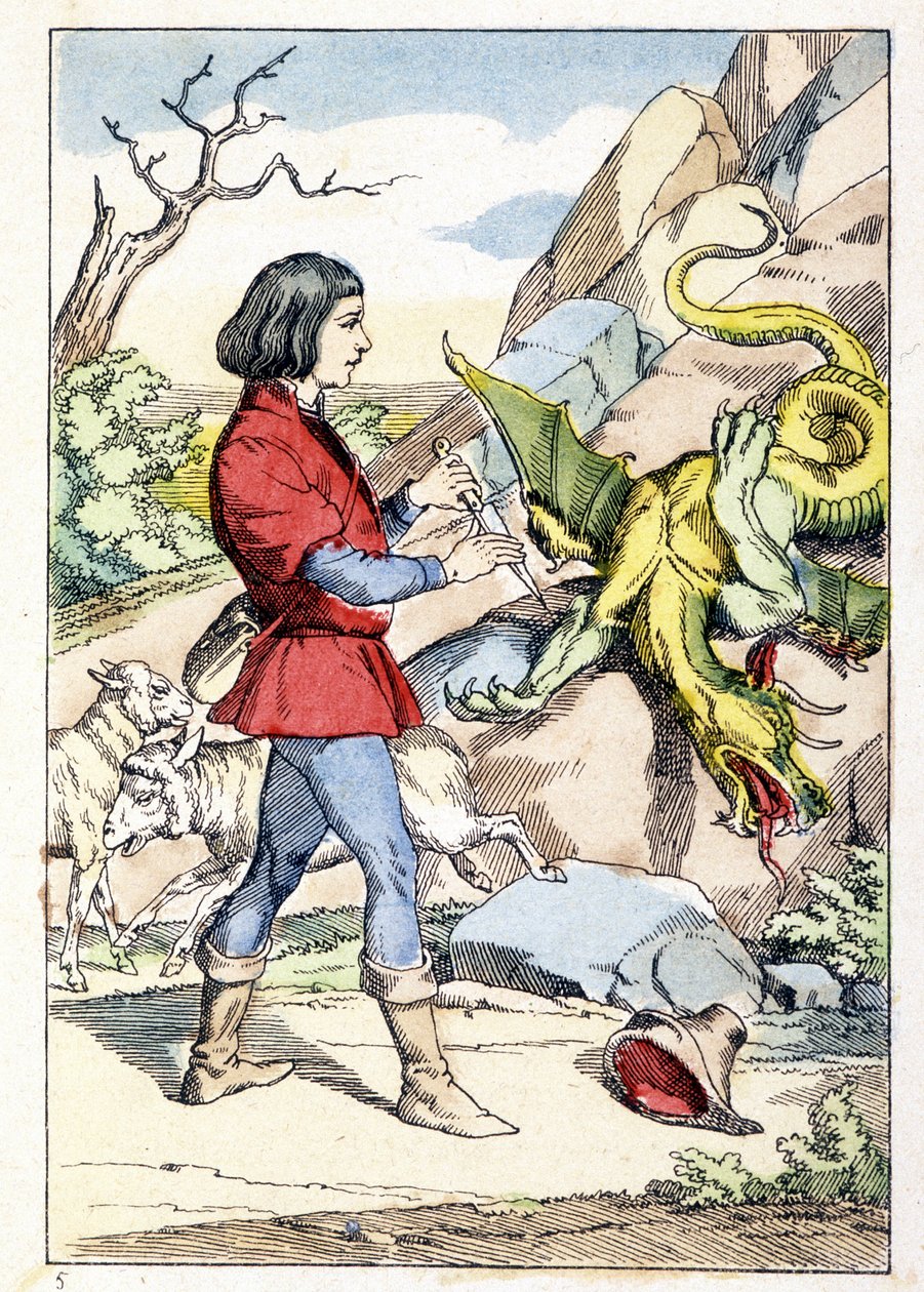 Grabado que representa a un pastor con un cuchillo listo para enfrentarse a un dragón. La bestia se endureció tan pronto como el pastor abrió su cuchillo. Cuento de Charles Perrault: “La flauta y el cuchillo encantado” de Unknown artist