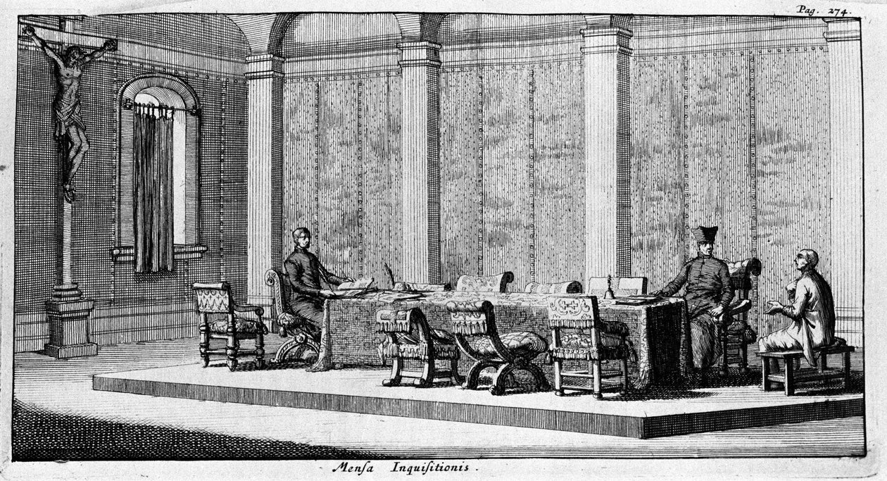 Grabado que representa un interrogatorio en el Tribunal de la Inquisición. Siglo XVII de Unknown artist