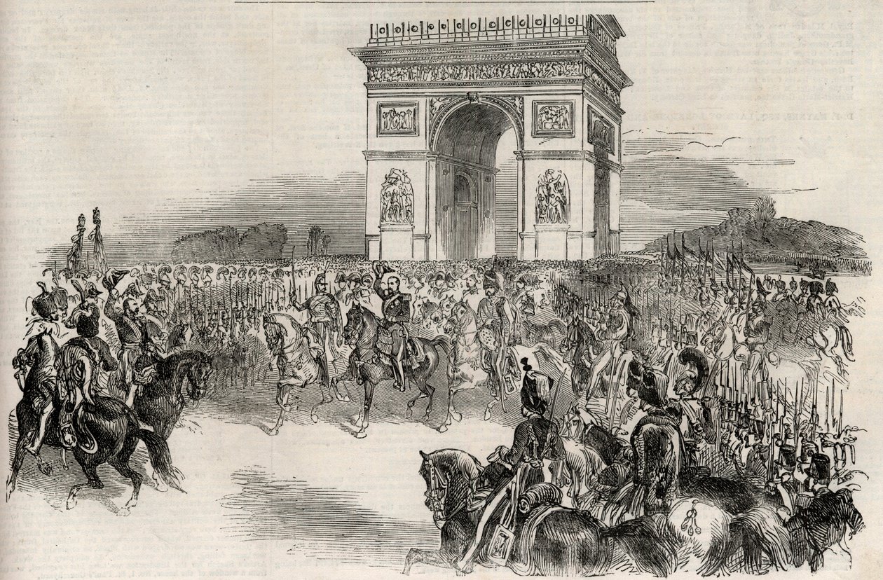 Entrada de Napoleón III en París a través del Arco de Triunfo el 2 de diciembre de 1852, grabado - El emperador de los franceses Napoleón III (1808-1873) haciendo su entrada en París el 2/12/1852 de Unknown artist