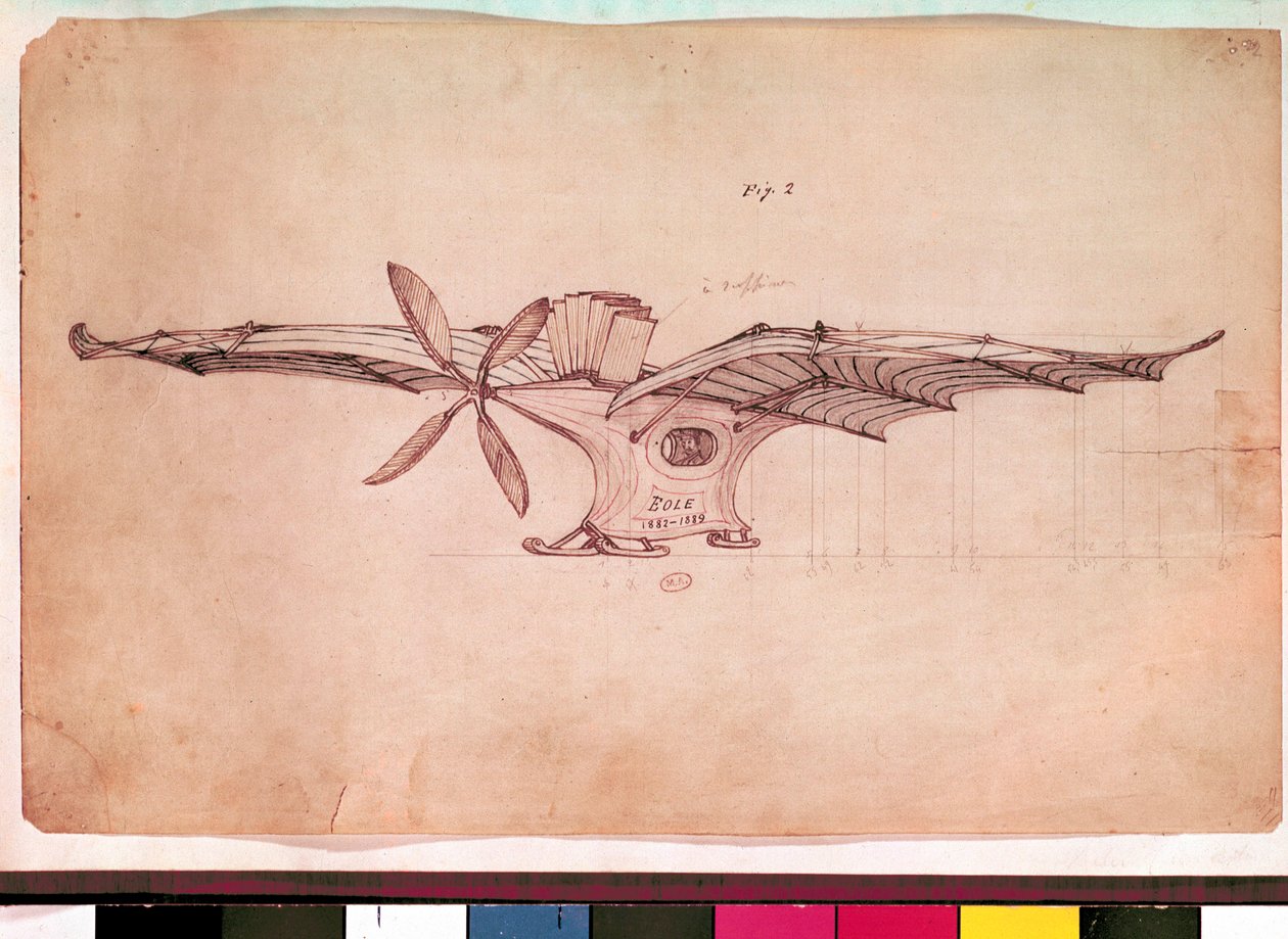 Máquina voladora Eole. Representación del avión de Clément Ader. Dibujo anónimo alrededor de 1882-1889. París, Museo del Aire de Unknown artist
