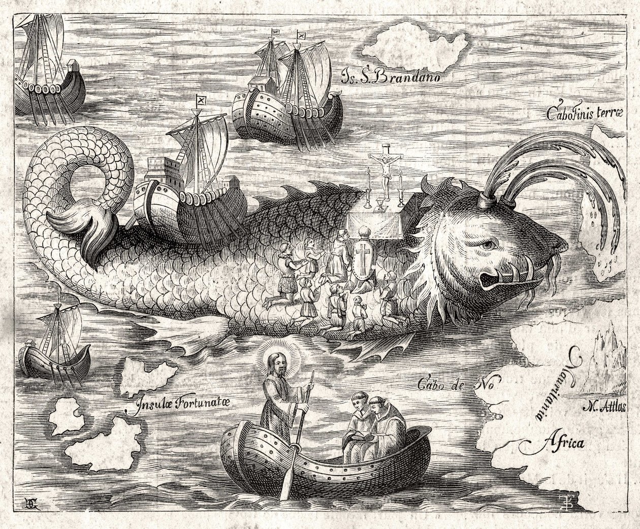Episodio de la Leyenda de San Brandán: un viaje fantástico del abad irlandés del siglo VI en busca del Paraíso terrenal. Estampa de 1621 de Unknown artist