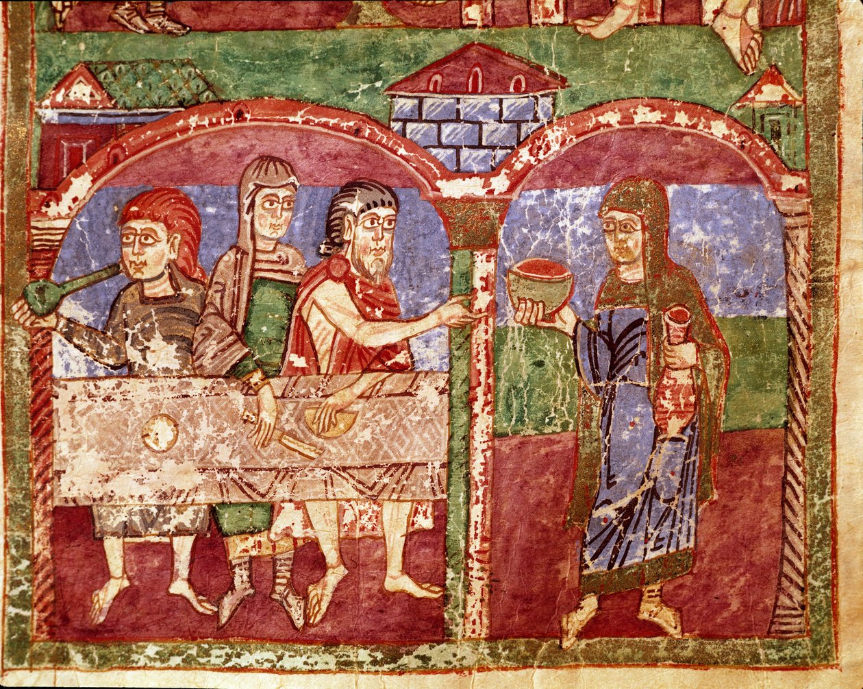 Episodio de la vida de Santa Radegunda (Radegundis) de Poitiers (519-587), esposa de Clotario I, rey de los francos: Radegunda durante sus obras de caridad sirve en la mesa de los pobres. Miniatura de un manuscrito del siglo XI. Biblioteca Municipal de Poi de Unknown artist