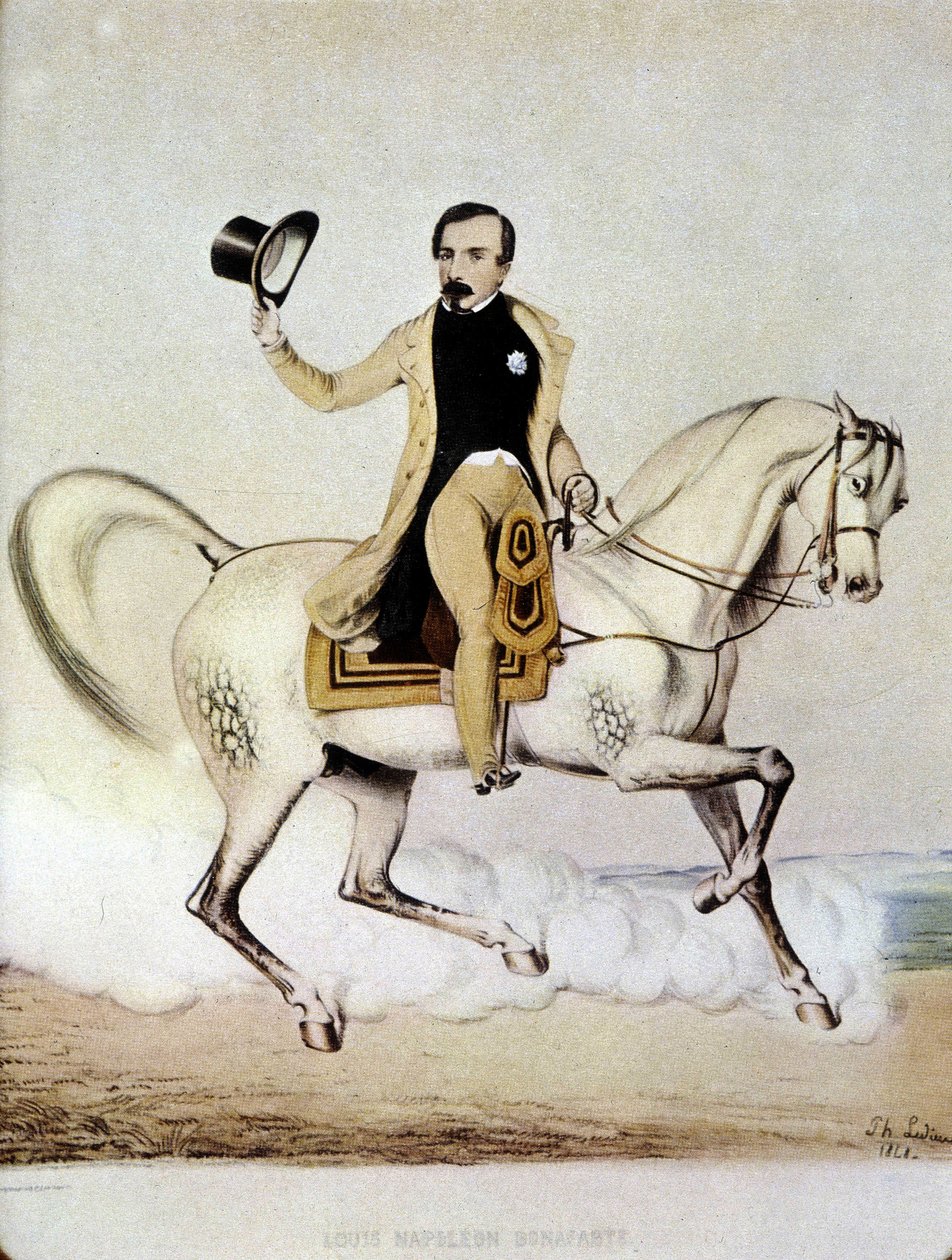 Retrato ecuestre de Luis Napoleón Bonaparte (Luis-Napoleón III) en ropa civil en 1848. de Unknown artist