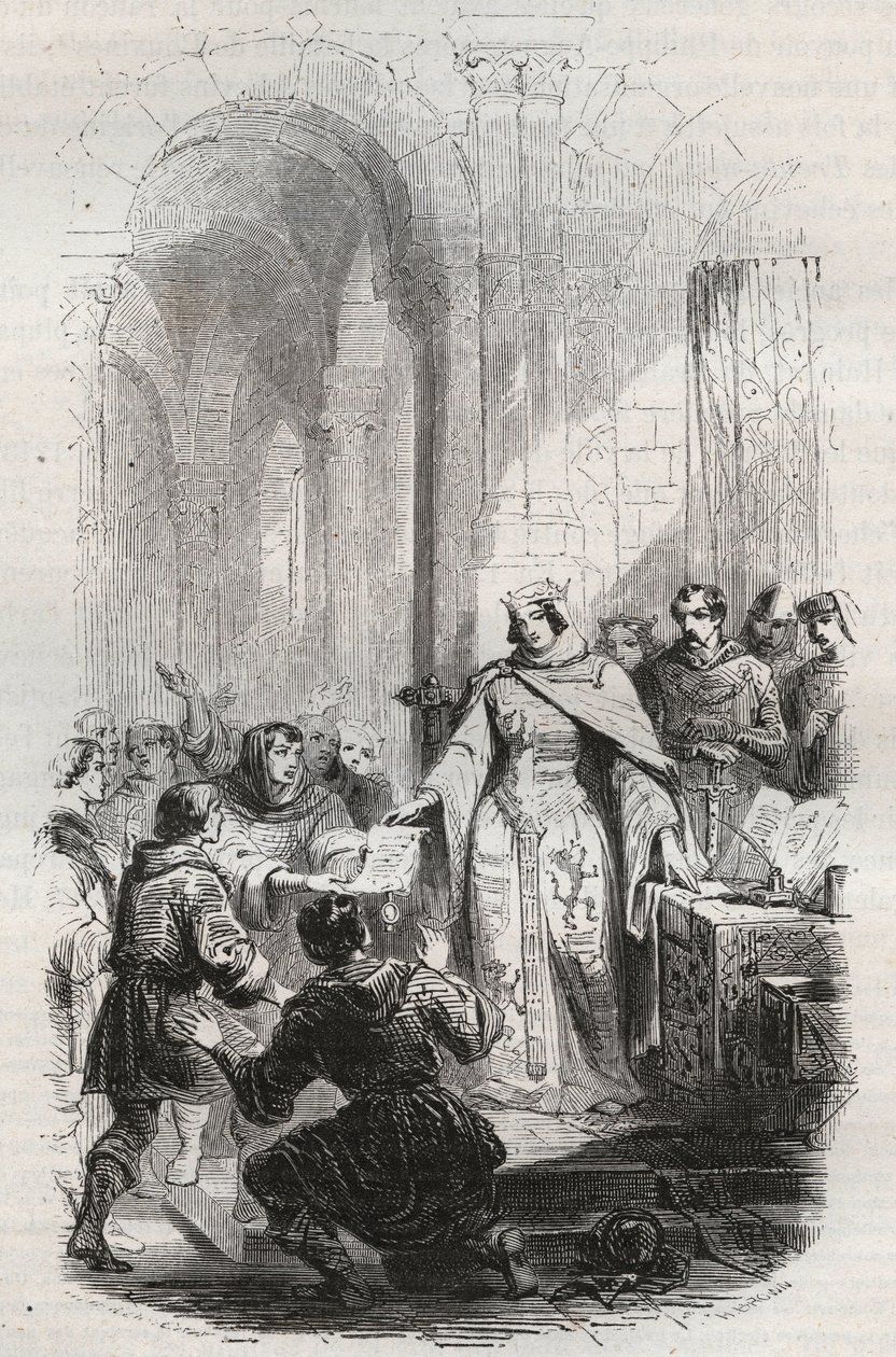 Ermesinde, Condesa de Luxemburgo - Carta de franquicia otorgada por Ermesinde I de Luxemburgo a los habitantes de Luxemburgo en 1243 - Grabado de 1868 en “Historia de Bélgica desde los tiempos primitivos hasta el final de Leopoldo I” por Theodore Juste de Unknown artist