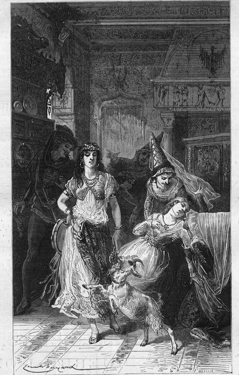 Esmeralda y Fleur de Lys (Fleur-de-Lys). Ilustración de “Notre Dame de Paris” por Victor Hugo (1802-1885). Grabado finales del siglo XIX de Unknown artist
