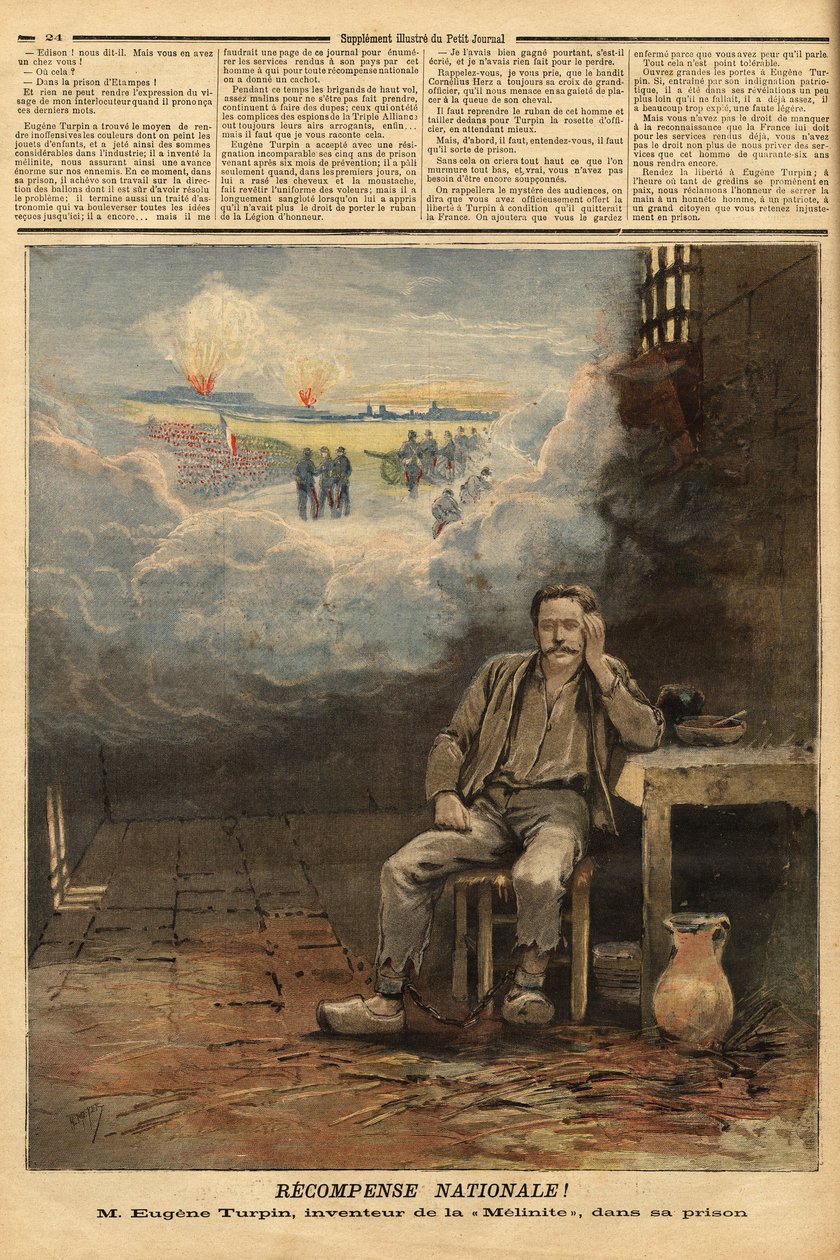 Eugene Turpin (1848-1927) químico, inventor en 1884 de la melinita (un explosivo), en su celda, acusado (erróneamente) de haber vendido su invento al enemigo. Inspiró a Jules Verne para el personaje de Thomas Roch en la novela “Face au drapeau”. Grabado en de Unknown artist