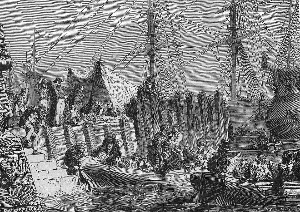 Evacuación de Flesringe por los ingleses en 1802: embarque de los enfermos - en “Histoire de France” de Henri Martin, siglo XIX. de Unknown artist