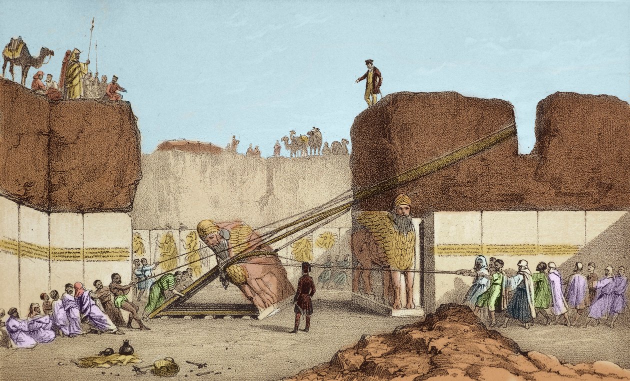 Excavaciones de Nínive - Las ruinas de Nimrud por Henri Layard (después de su viaje a Mesopotamia en el siglo XIX); reemplazo del gran toro alado - El envío de un toro alado desde Nimrud, durante las excavaciones de Sir Austen Henry de Unknown artist