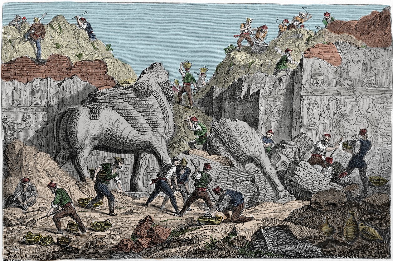 Excavaciones emprendidas por Paul-Emile Botta, cónsul de Francia en Nínive en el sitio de Khorsabad, antigua capital asiria al norte de Mosul. Irak. Grabado del siglo XIX de Unknown artist