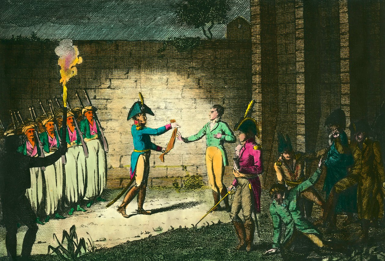 Ejecución de Luis de Borbón, Duque de Enghien (1772-1804) el 21 de marzo de 1804 en Vincennes, sospechoso sin pruebas de conspiración contra el Primer Cónsul Napoleón Bonaparte. Grabado alrededor de 1804. Colección privada de Unknown artist