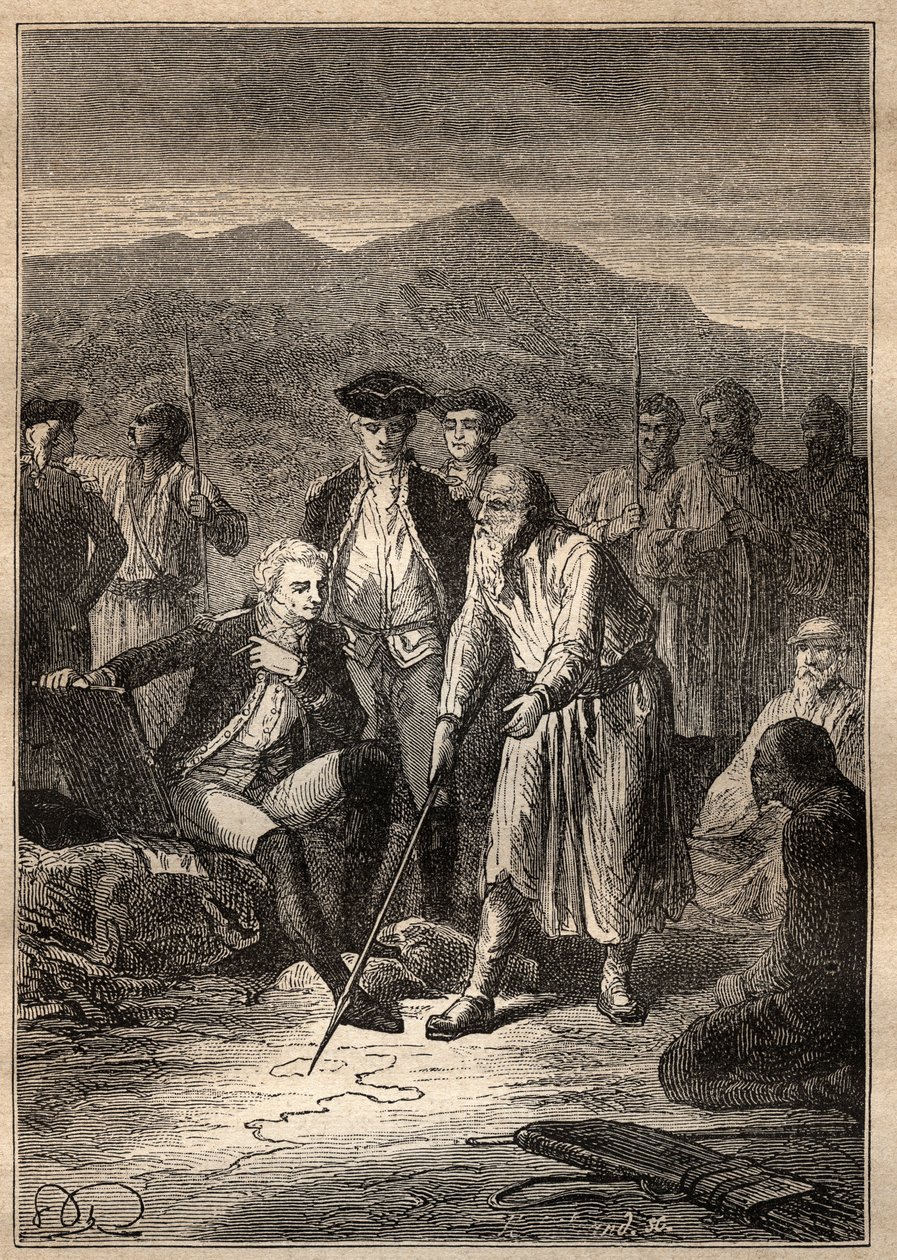 Expedición alrededor del mundo (1785-1788) por Jean François Galaup de La Pérouse (1741-1788): los marineros desembarcan en la isla Saghalian (Sakhaline) y se encuentran con un anciano que les dibujó un mapa de Tartaria - ilustración tomada de “Los Grandes de Unknown artist