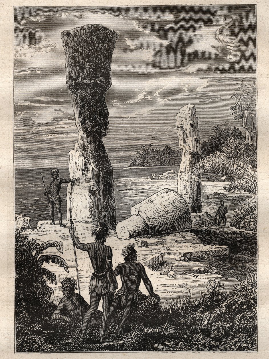 Expedición alrededor del mundo (1785-1788) por Jean François Galaup de La Pérouse (1741-1788): indígenas de la Isla de Pascua mirando estatuas monumentales (Moai) - ilustración tomada de “Los Grandes Marineros del siglo XVIII” de Unknown artist