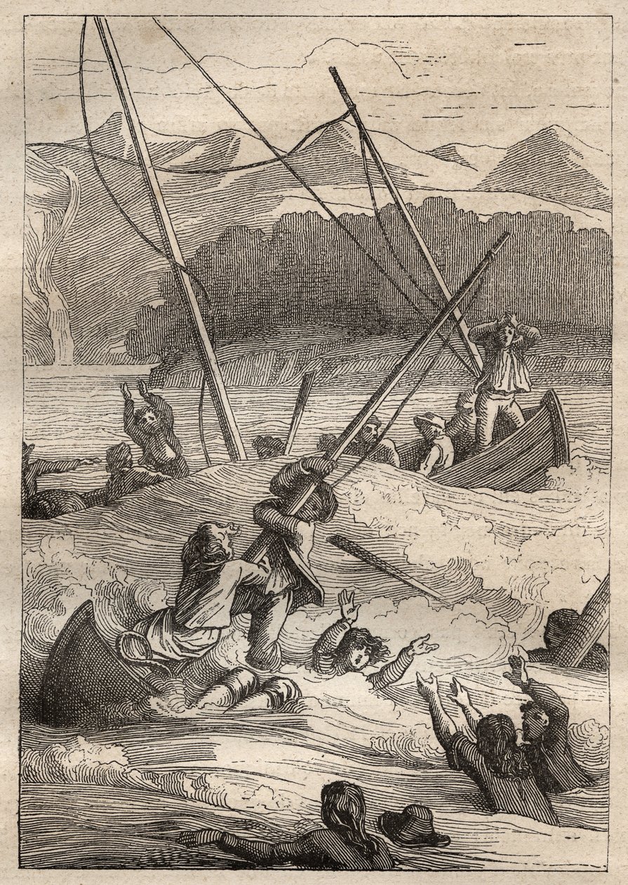 Expedición alrededor del mundo (1785-1788) de Jean Francois Galaup de La Perouse (1741-1788): naufragio de los barcos en el puerto de los Franceses (Alaska) - ilustración tomada de “Los Grandes Marineros del siglo XVIII” de Unknown artist