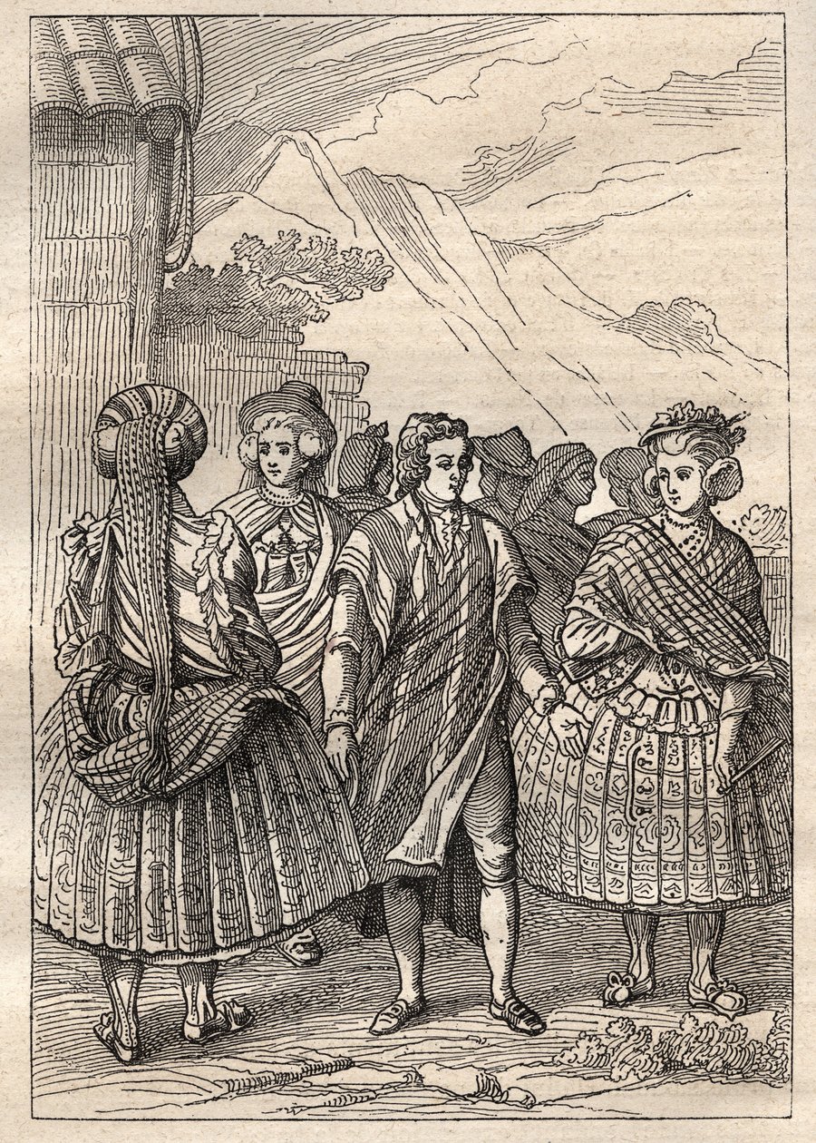 Expedición alrededor del mundo (1785-1788) por Jean Francois Galaup de La Perouse (1741-1788): trajes de los habitantes de la Concepción (Chile) - ilustración tomada de “The Great Mariners of the 18th century” de Unknown artist
