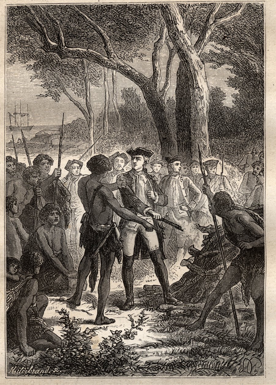 Expedición de Nicolas Thomas Marion-Dufresne (Marion Dufresne) (1729-1772): Marion desembarcó en la Bahía Frederick Henry (Tasmania) y fue ofrecido un brandon encendido por los indígenas - ilustración tomada de “Los Grandes Navegantes del siglo XVIII” de Unknown artist