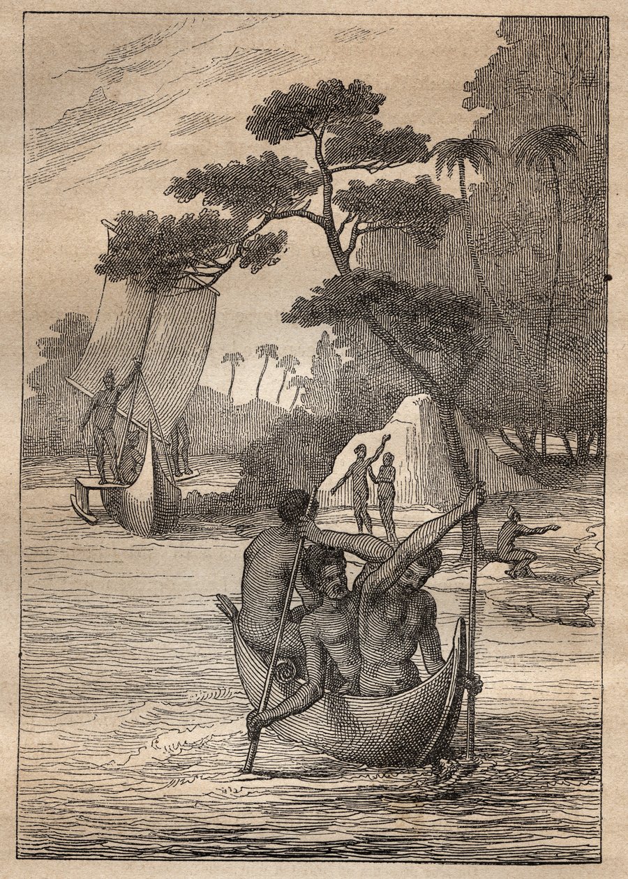 Expedición de Nicolas Thomas Marion-Dufresne (Marion Dufresne) (1729-1772): canoas de las islas del Almirantazgo (Archipiélago Bismarck, Papúa Nueva Guinea) - ilustración tomada de “Los grandes marineros del siglo XVIII” de Unknown artist