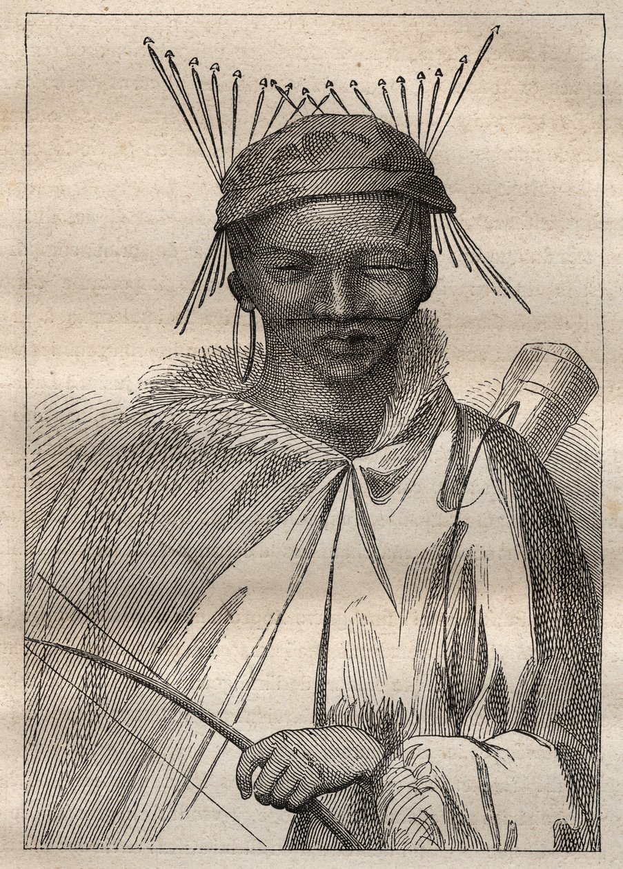 Expedición al interior de las tierras de Sudáfrica (1775) por Anders Sparrman (1748-1820): un bosquimano (Bochiman o San, indígena del sur de África) - ilustración tomada de "The Great Mariners of the 18th century" de Unknown artist