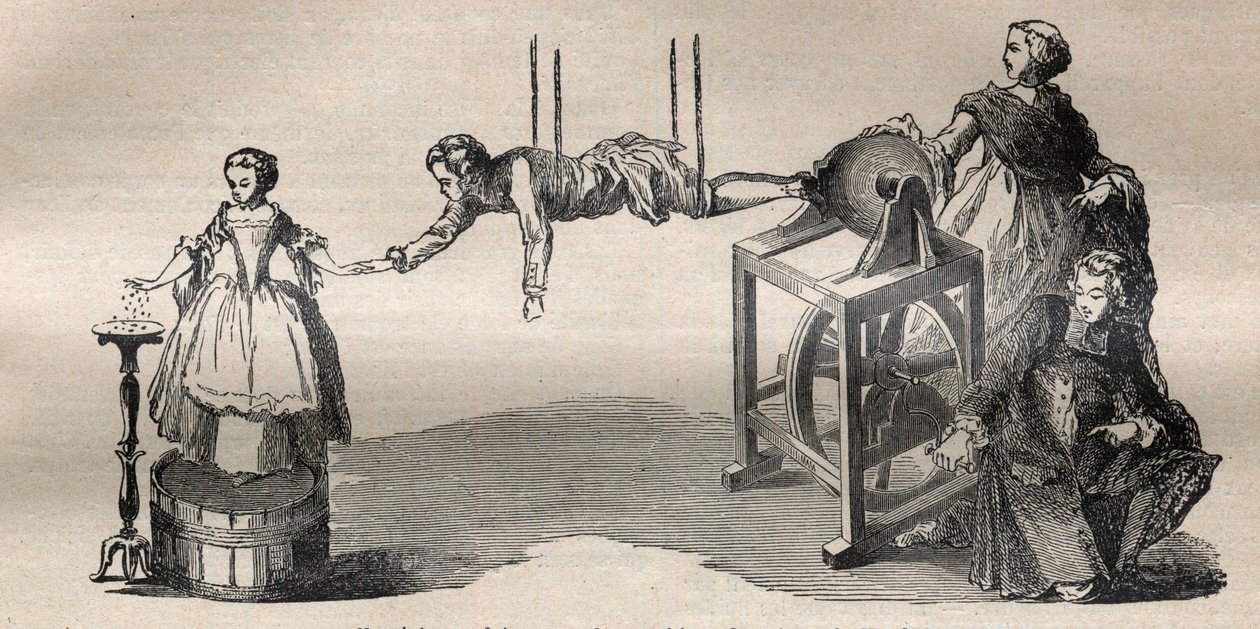 Experimento realizado con la máquina eléctrica por Francis Hauksbee el mayor - Grabado en “La Science française” de Unknown artist